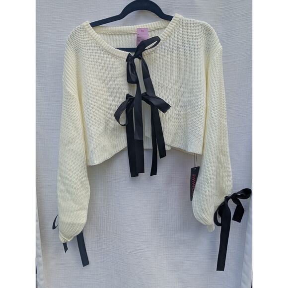 Romwe Women's Tie Front Balloon Sleeve Knit Sweater Sz M Ivory Black Whimsigoth - Picture 2 of 6